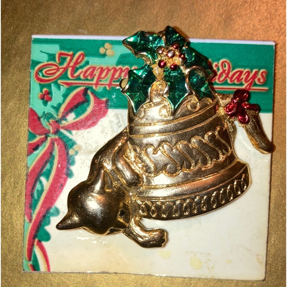 Vintage 🆕Happy Holidays kitty & bell pin